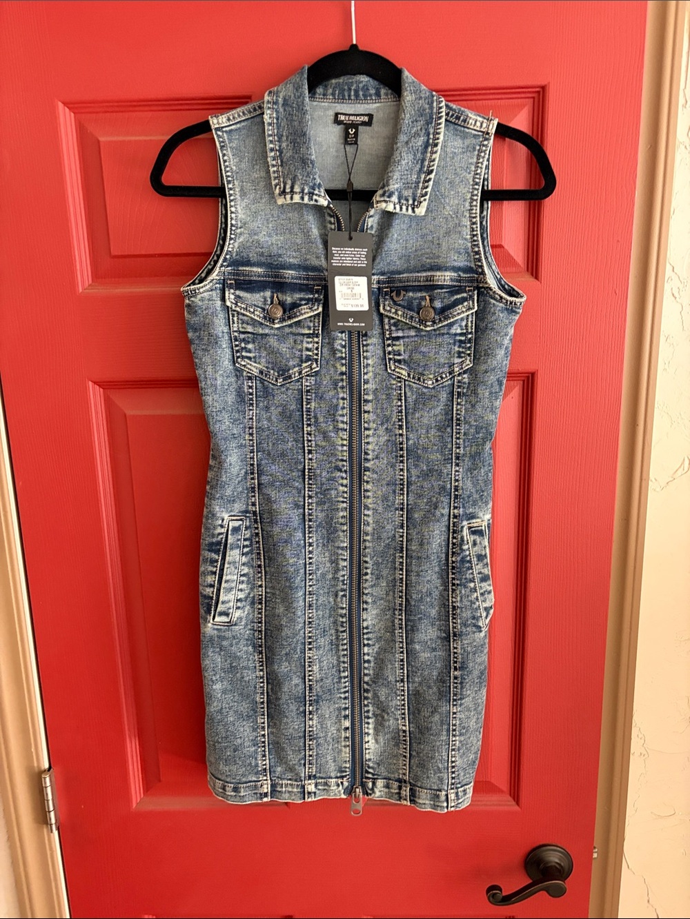 True Religion Sleeveless Zip-Front Acid Wash Denim Dress in Light Blue